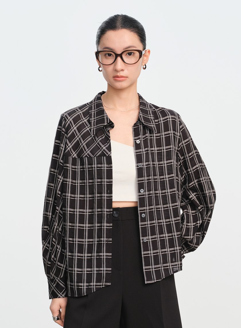 復古格紋落肩襯衫