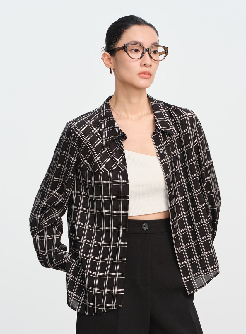 復古格紋落肩襯衫