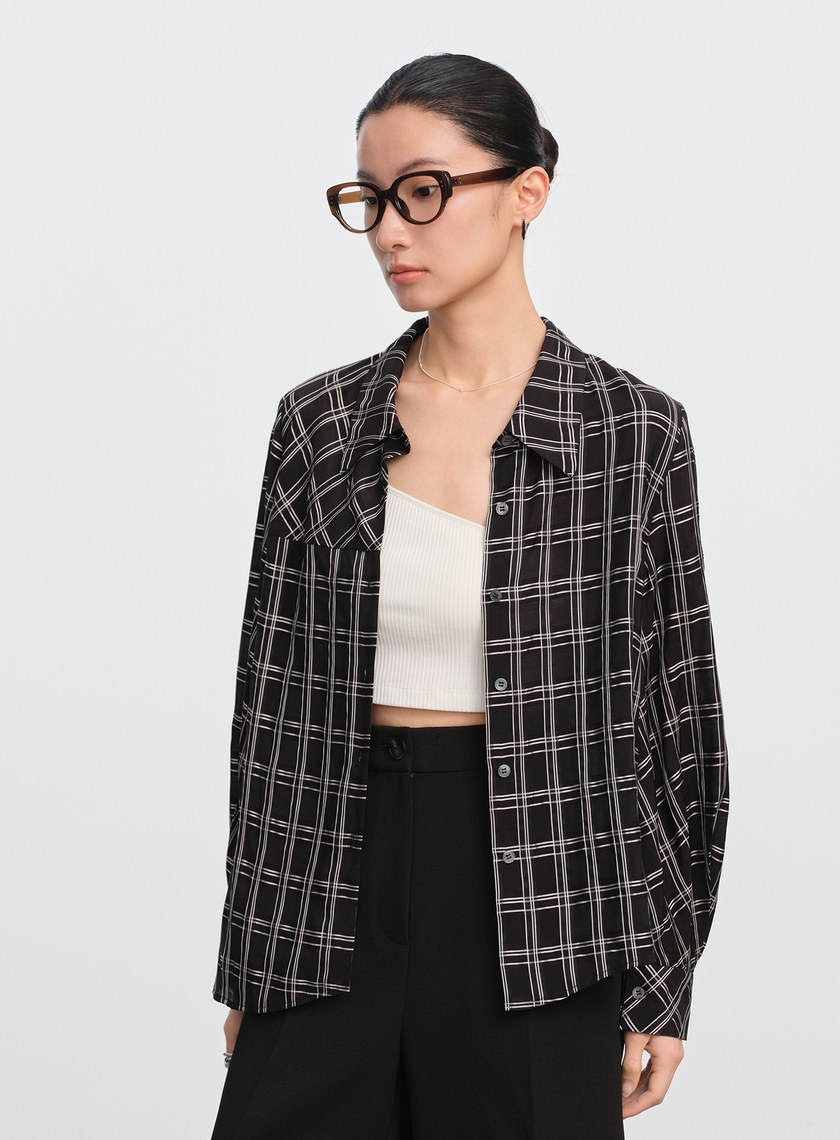復古格紋落肩襯衫