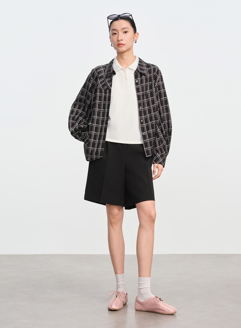 復古格紋落肩襯衫