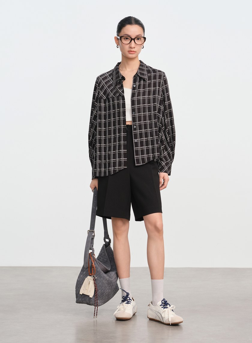 復古格紋落肩襯衫