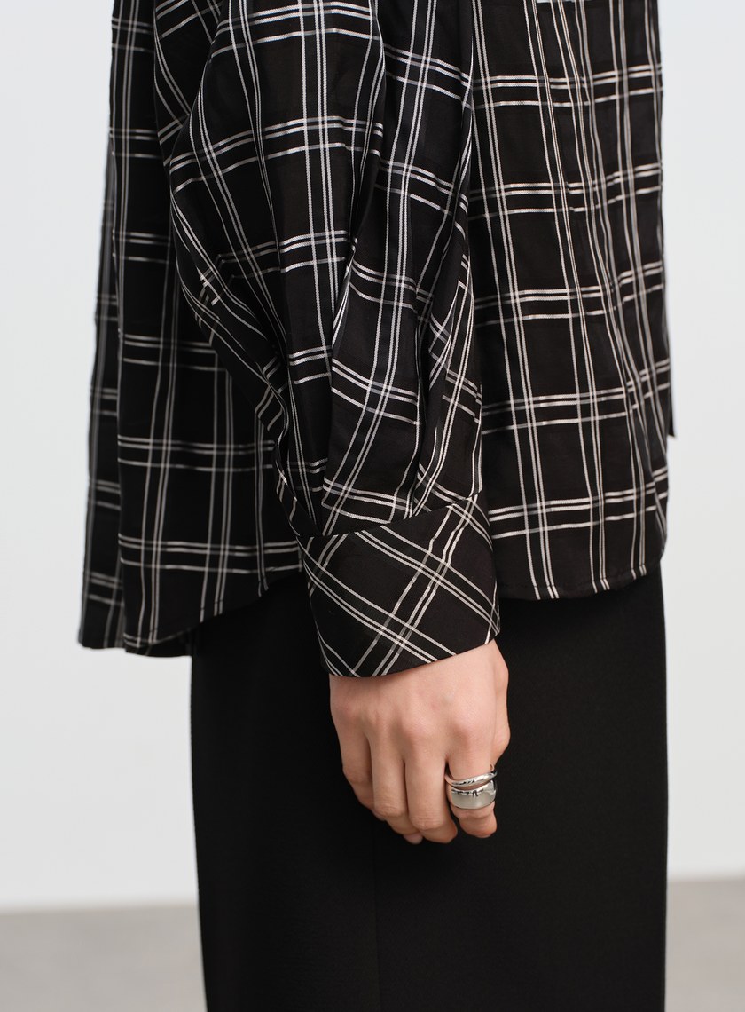 復古格紋落肩襯衫