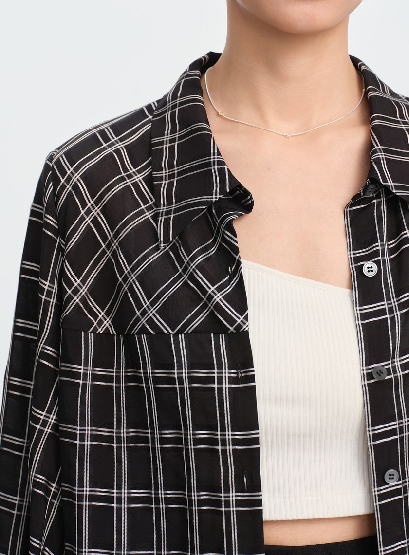 復古格紋落肩襯衫