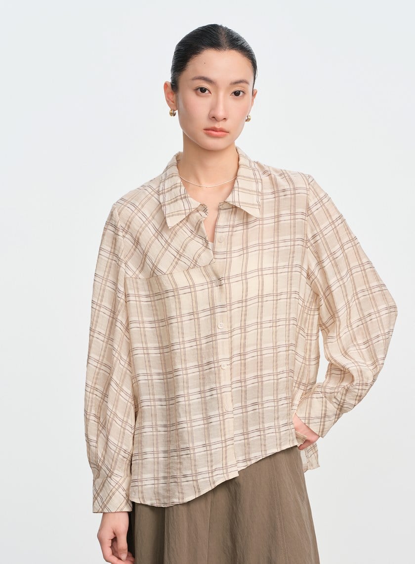 復古格紋落肩襯衫