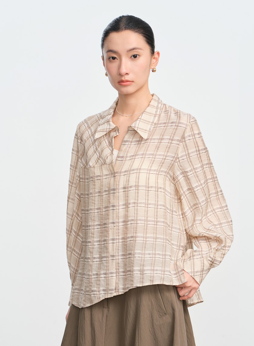 復古格紋落肩襯衫