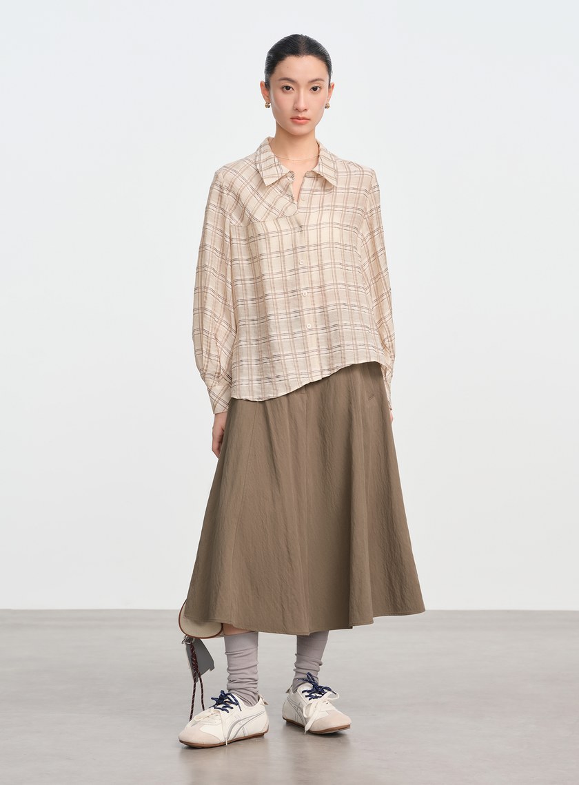 復古格紋落肩襯衫