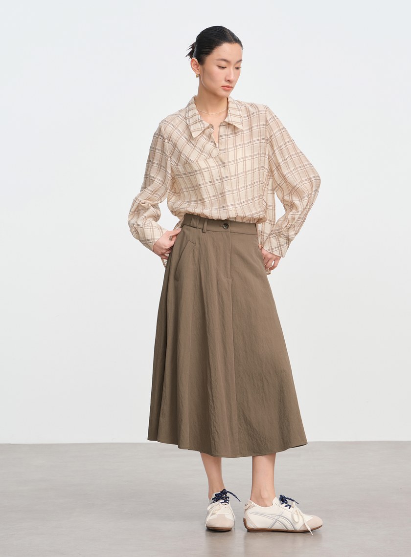 復古格紋落肩襯衫