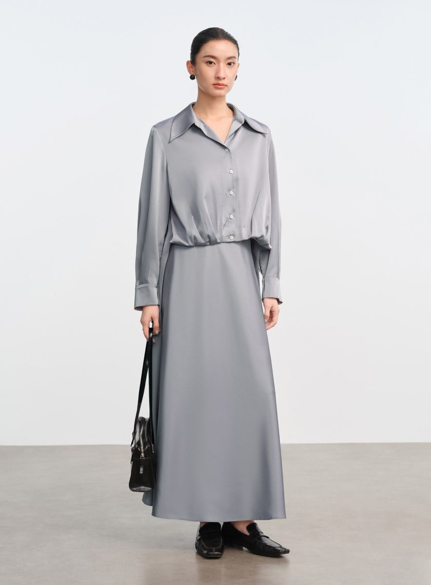 復古尖領緞面襯衫