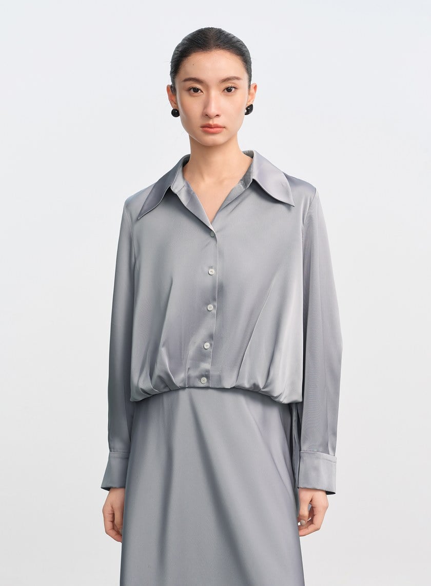復古尖領緞面襯衫