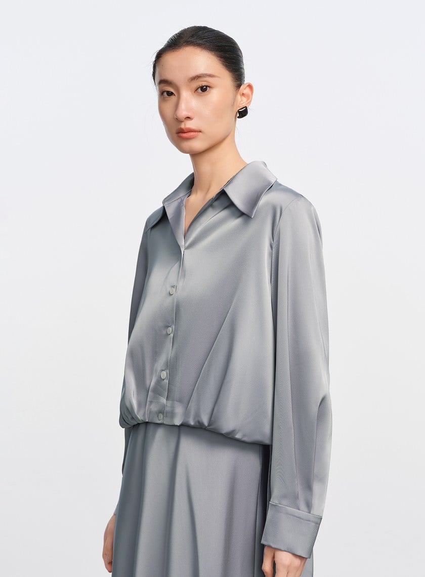 復古尖領緞面襯衫