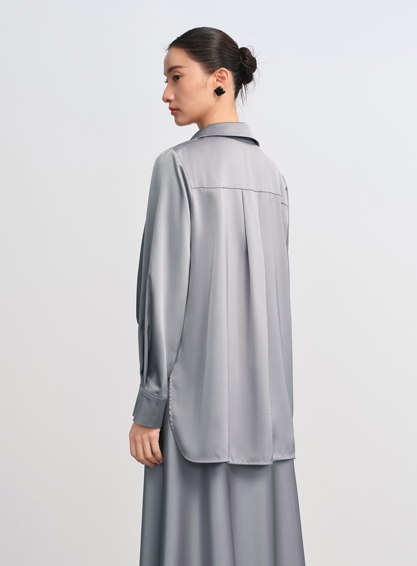 復古尖領緞面襯衫