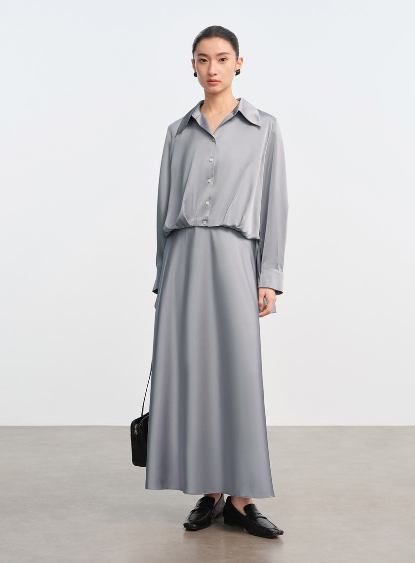 復古尖領緞面襯衫