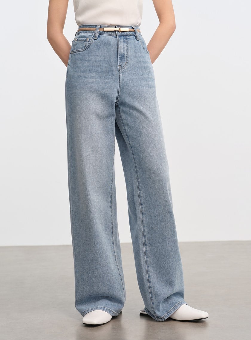 撞色口袋拼接直筒牛仔褲