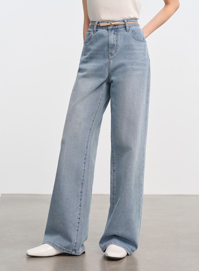 撞色口袋拼接直筒牛仔褲