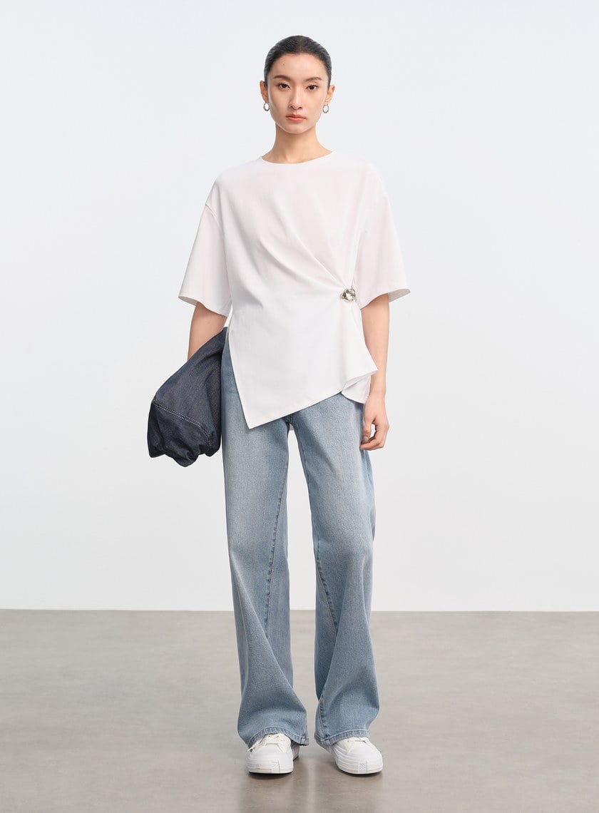 撞色口袋拼接直筒牛仔褲