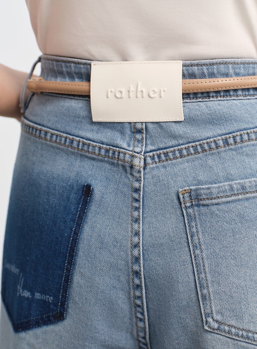 撞色口袋拼接直筒牛仔褲