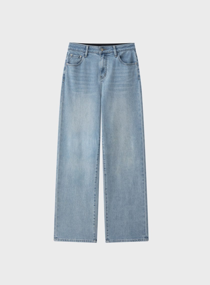 撞色口袋拼接直筒牛仔褲