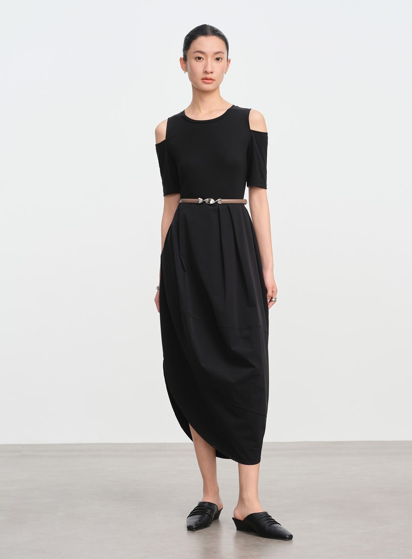 優雅露肩拼接洋裝