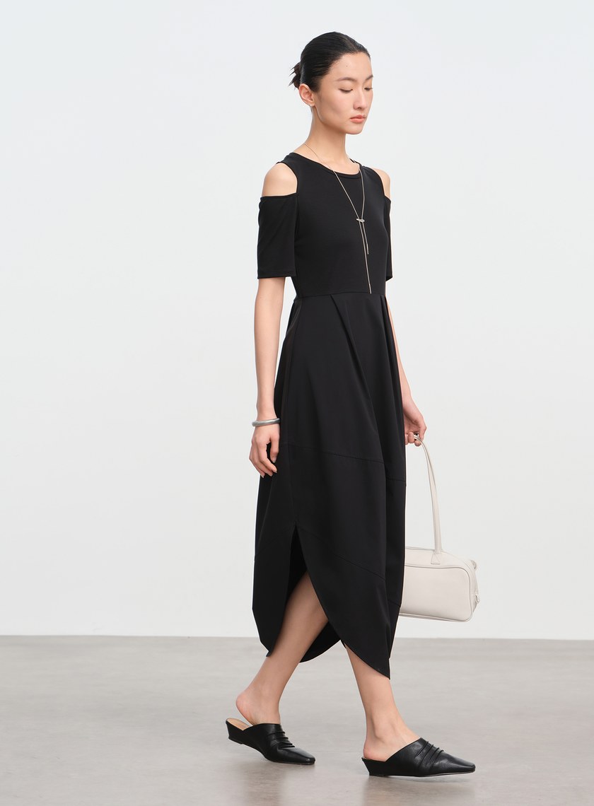 優雅露肩拼接洋裝