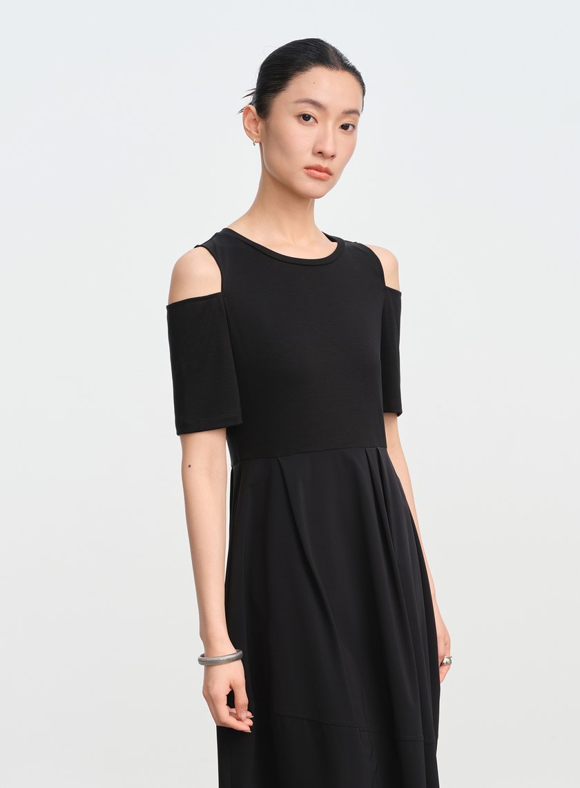 優雅露肩拼接洋裝