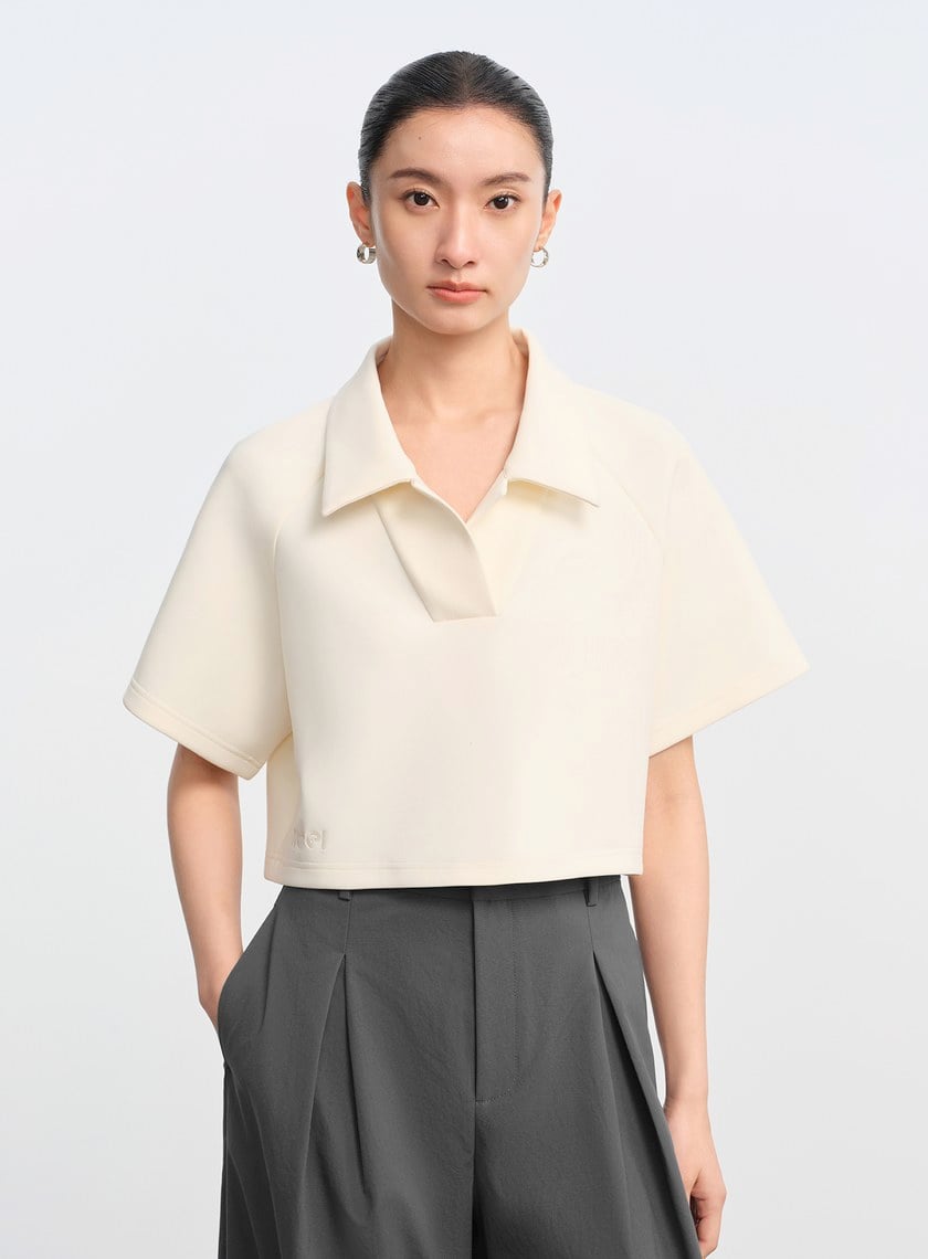 不對稱收腰短版 POLO 上衣