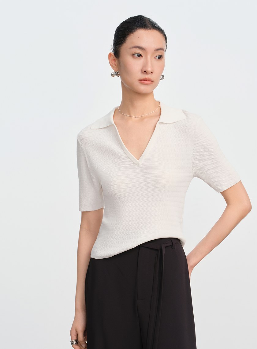 純棉立體緹花V領Polo衫