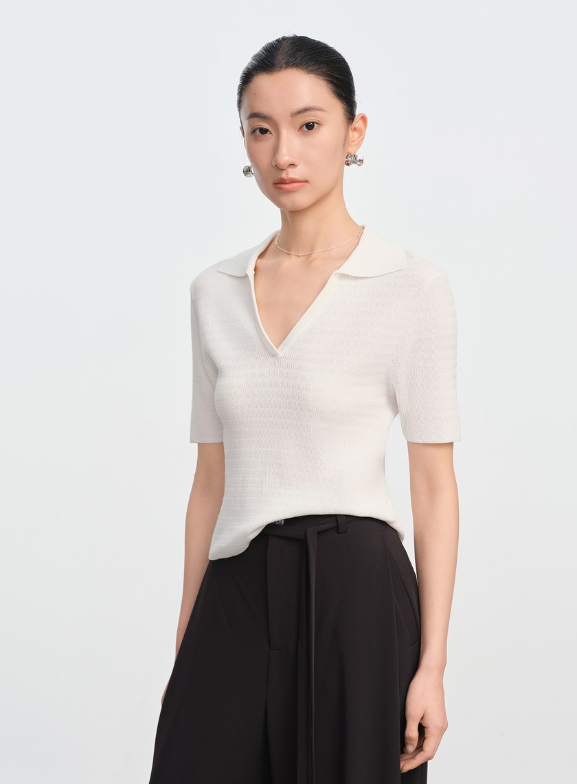 純棉立體緹花V領Polo衫