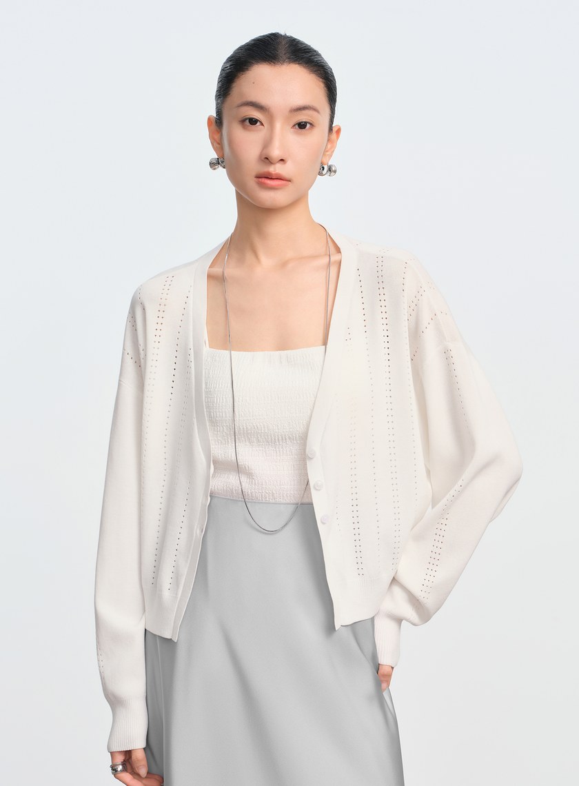 直紋簍空提花V領開襟衫