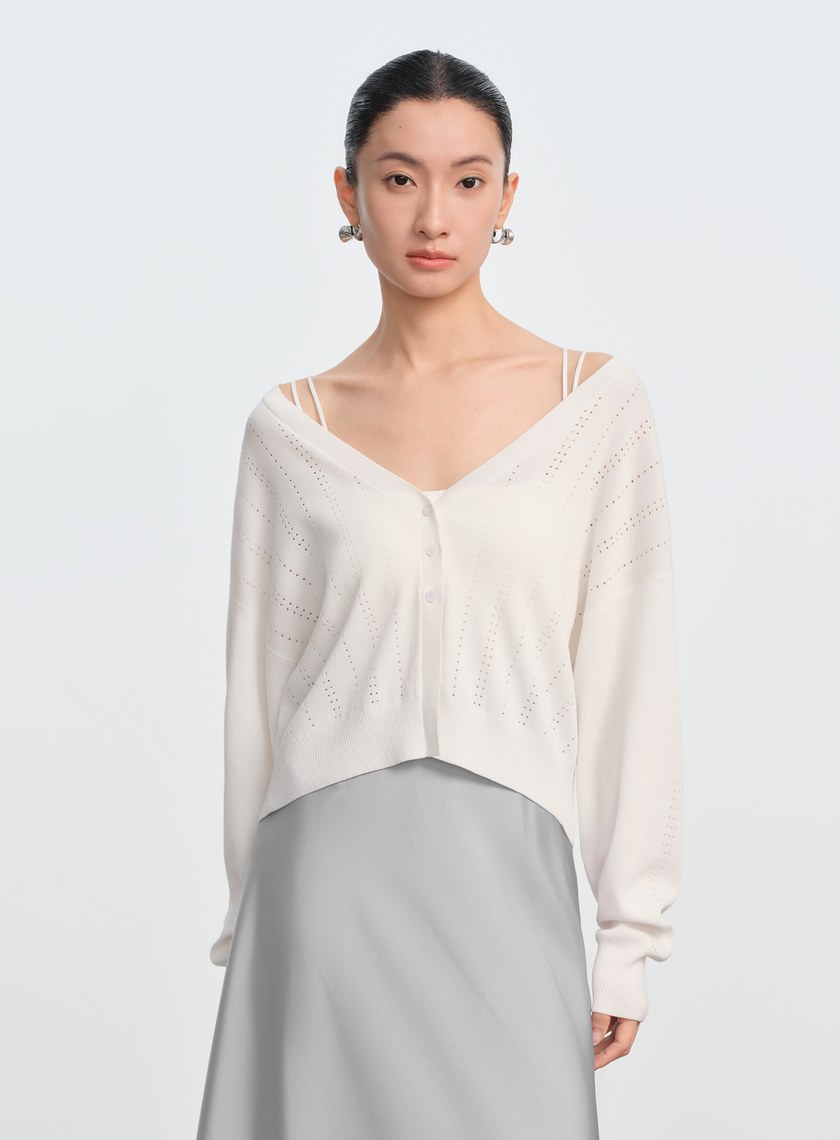 直紋簍空提花V領開襟衫