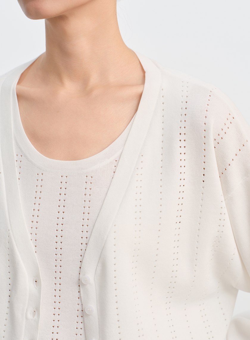 直紋簍空提花V領開襟衫