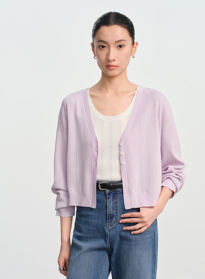 直紋簍空提花V領開襟衫