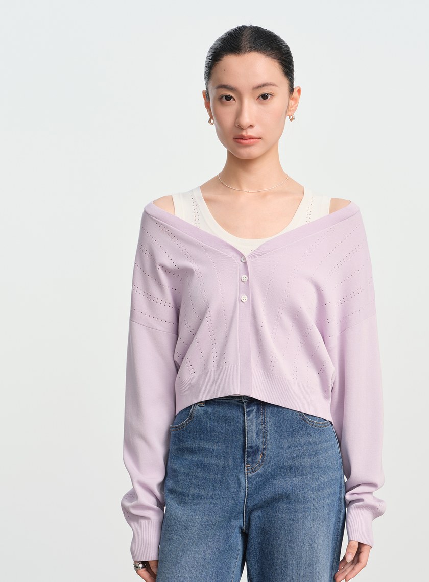 直紋簍空提花V領開襟衫