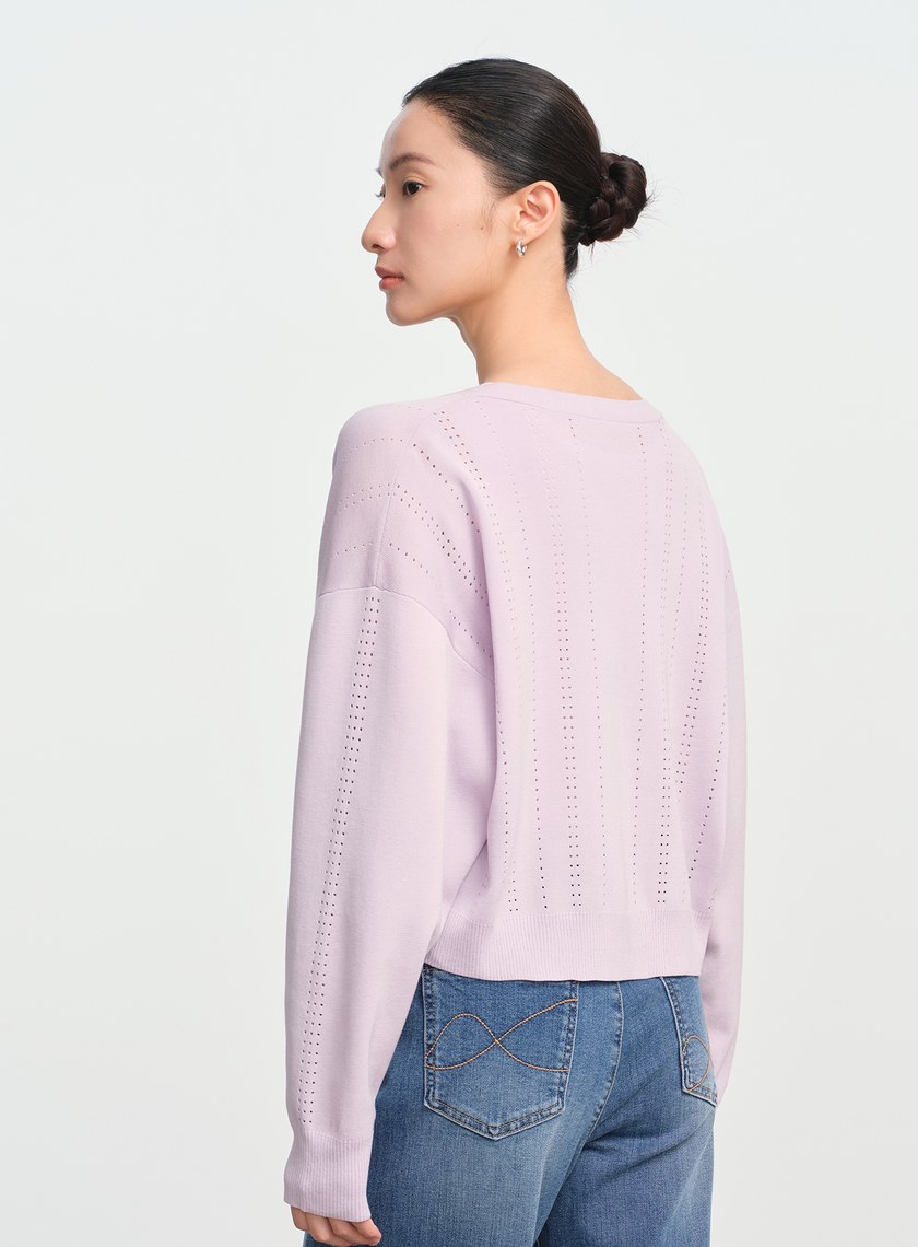 直紋簍空提花V領開襟衫