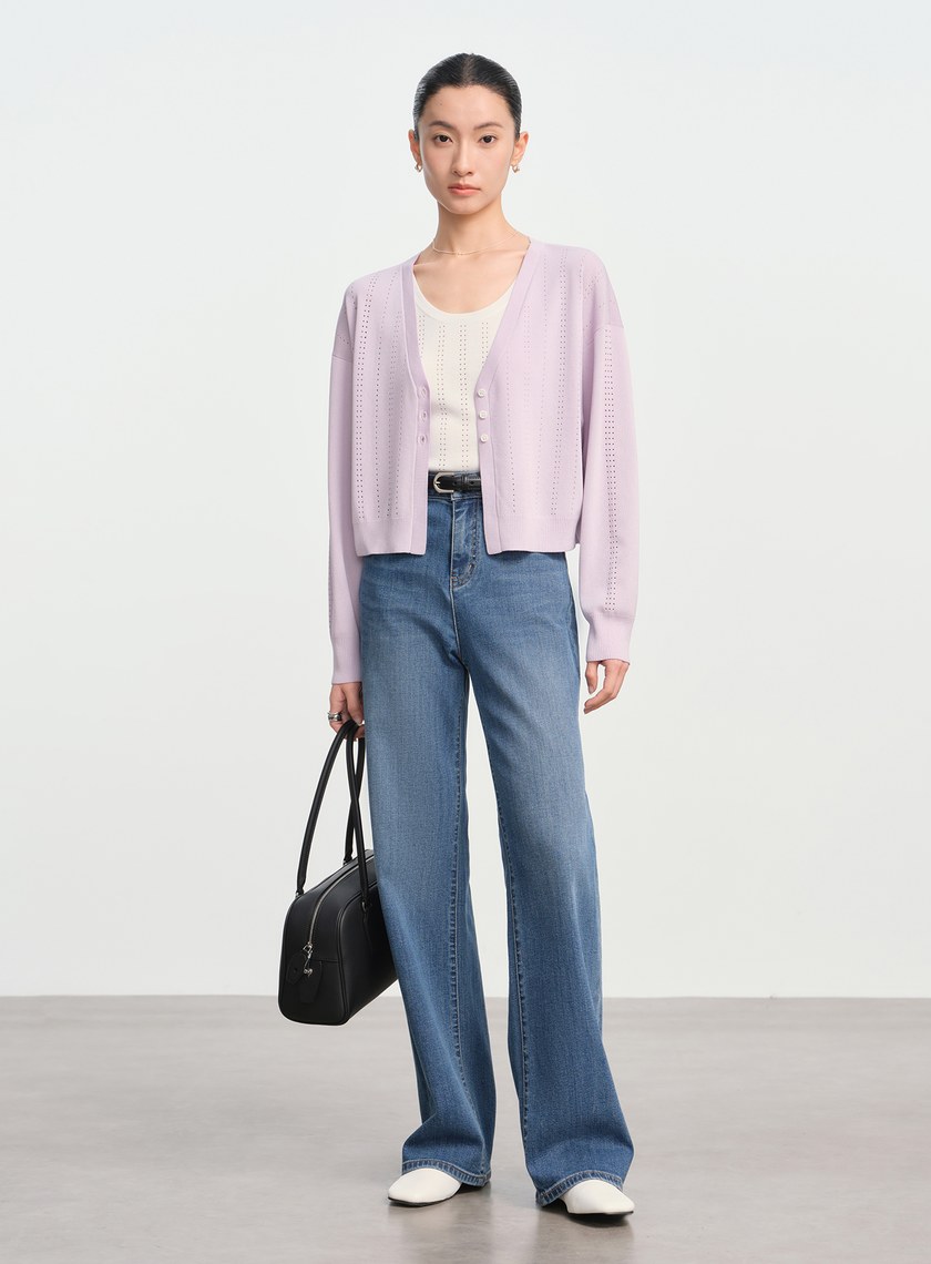 直紋簍空提花V領開襟衫