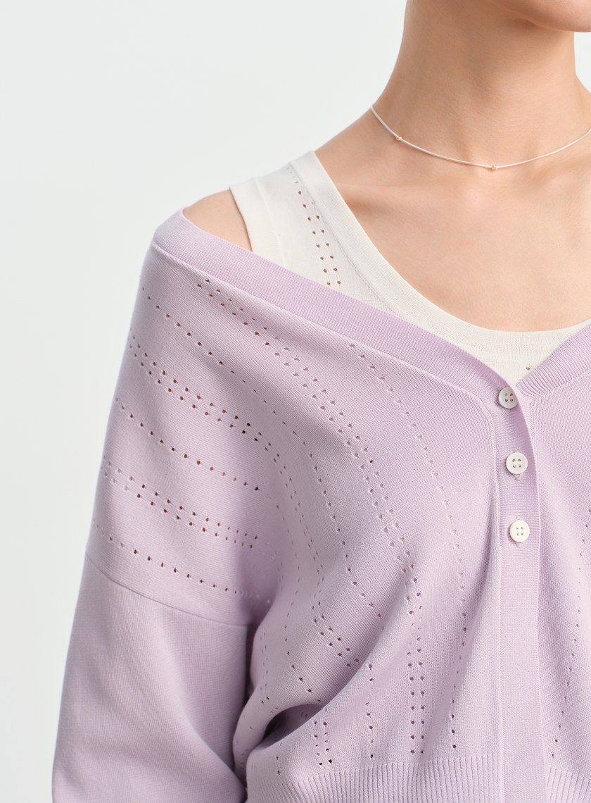 直紋簍空提花V領開襟衫