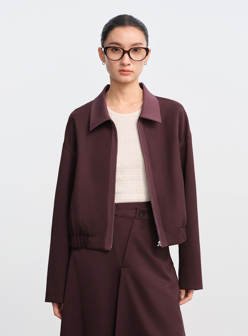 撞色拼接領短版拉鍊外套