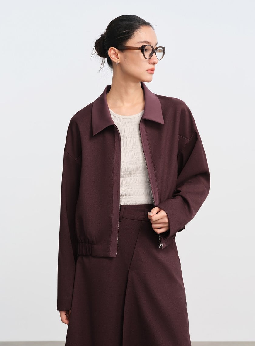 撞色拼接領短版拉鍊外套