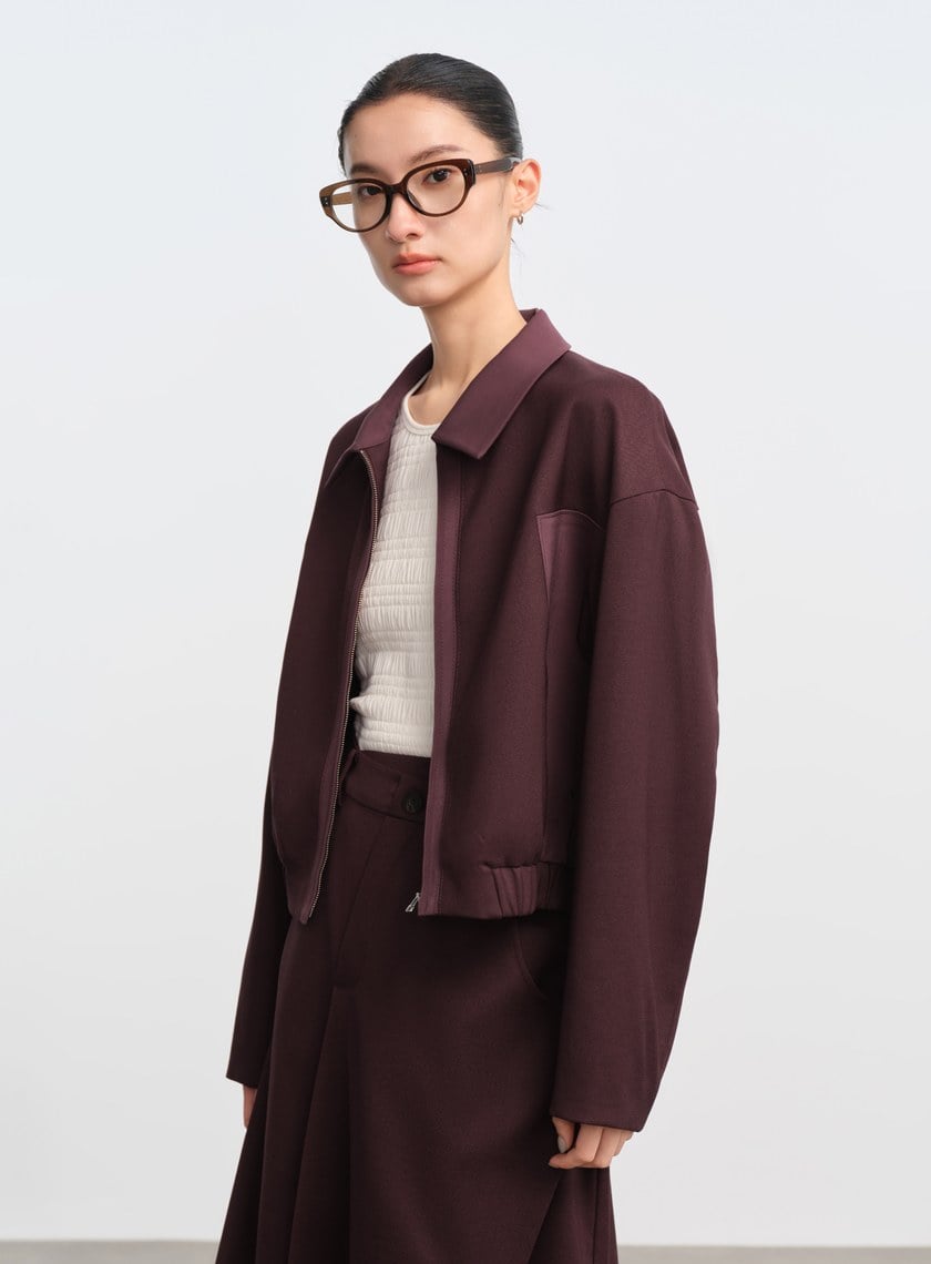 撞色拼接領短版拉鍊外套