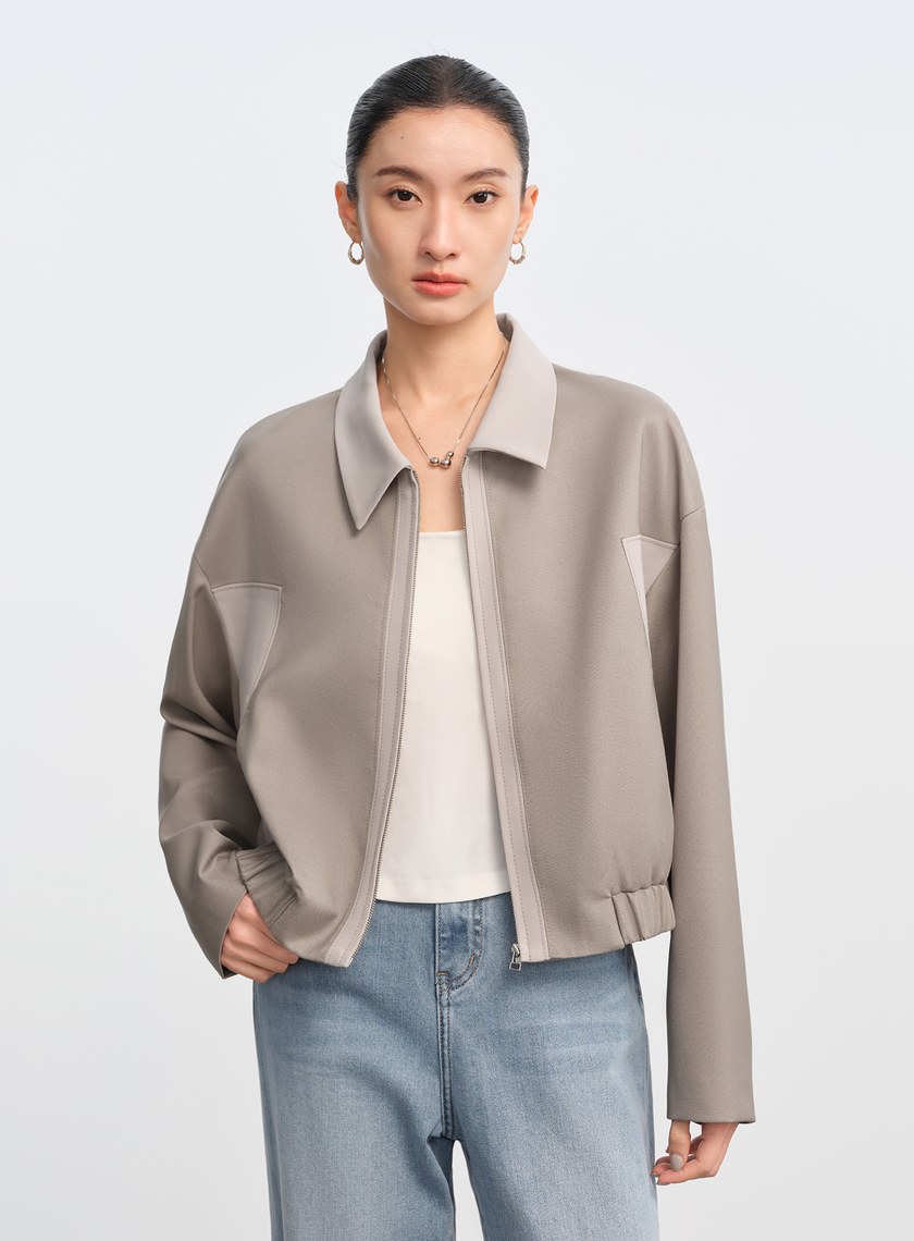 撞色拼接領短版拉鍊外套
