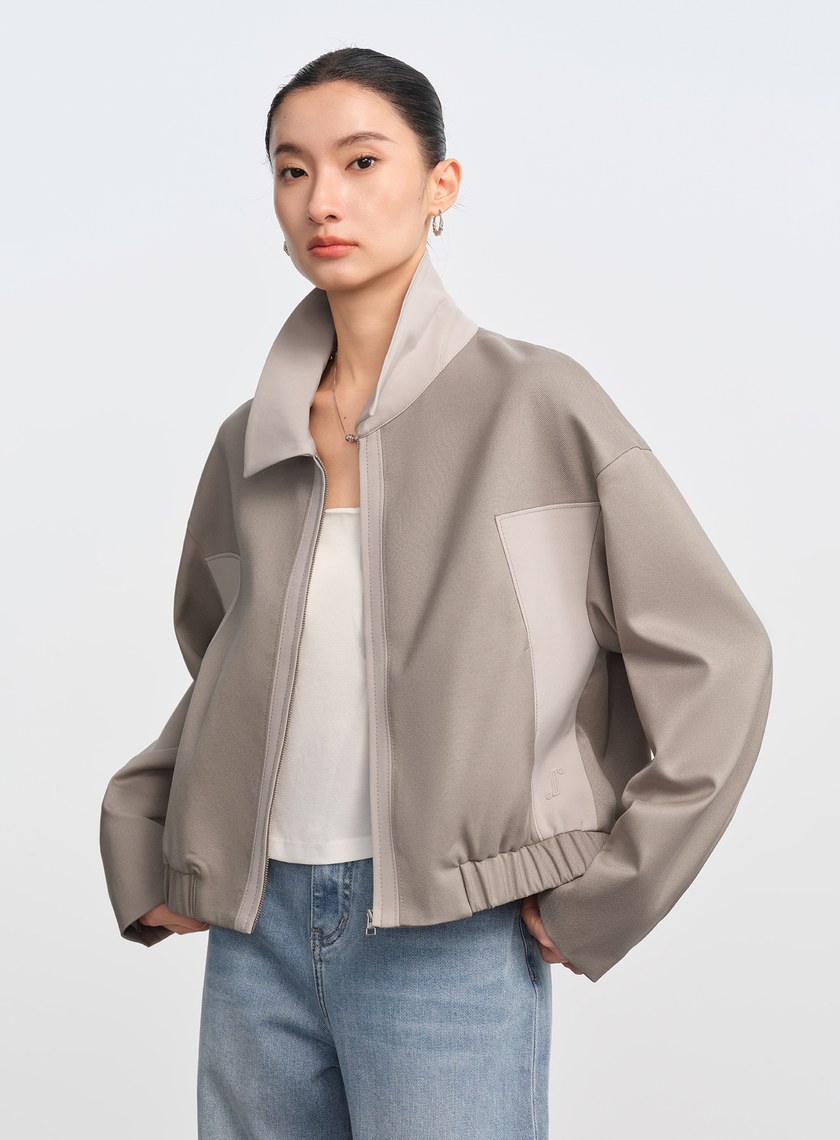 撞色拼接領短版拉鍊外套