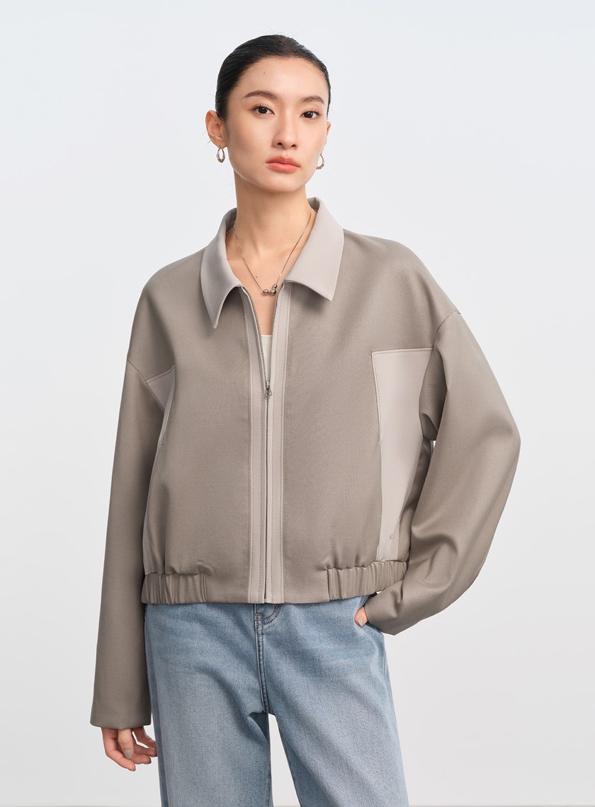 撞色拼接領短版拉鍊外套