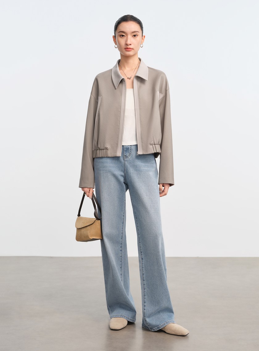 撞色拼接領短版拉鍊外套