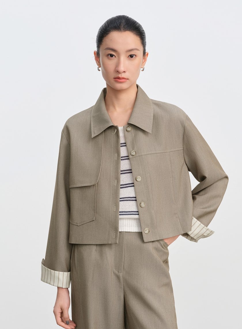 仿牛仔斜紋不對稱短版夾克