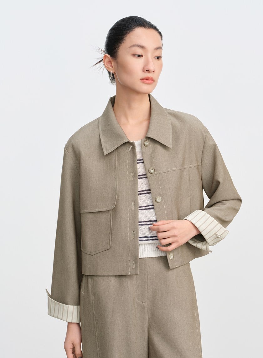 仿牛仔斜紋不對稱短版夾克