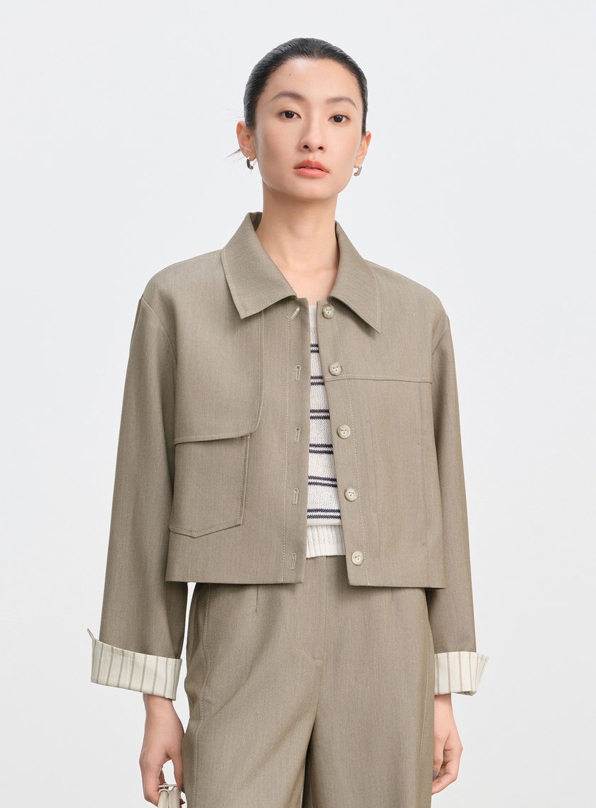 仿牛仔斜紋不對稱短版夾克