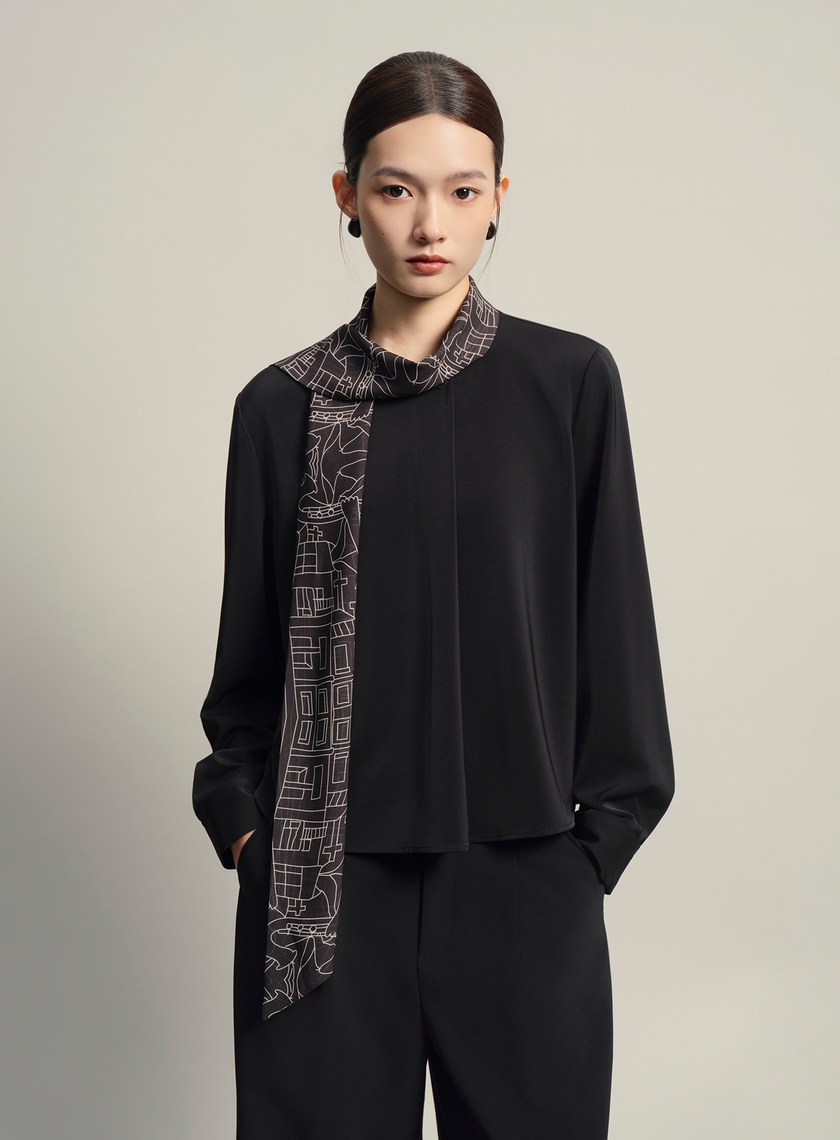 Leland Lee藝術家聯名-可拆式印花絲巾雪紡上衣