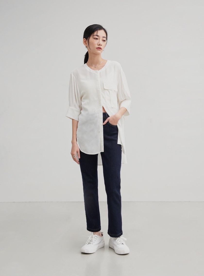 長版織紋寬袖口上衣