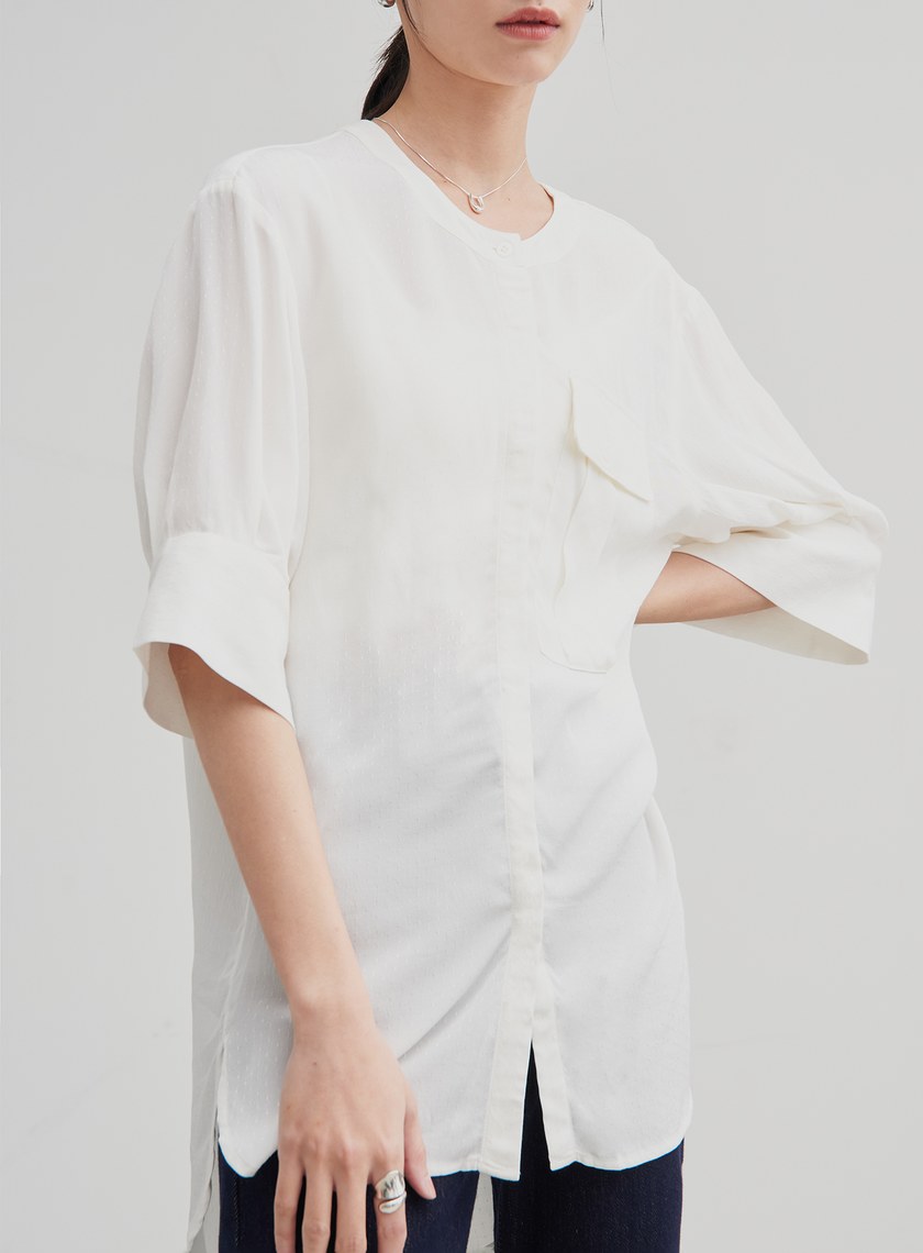 長版織紋寬袖口上衣