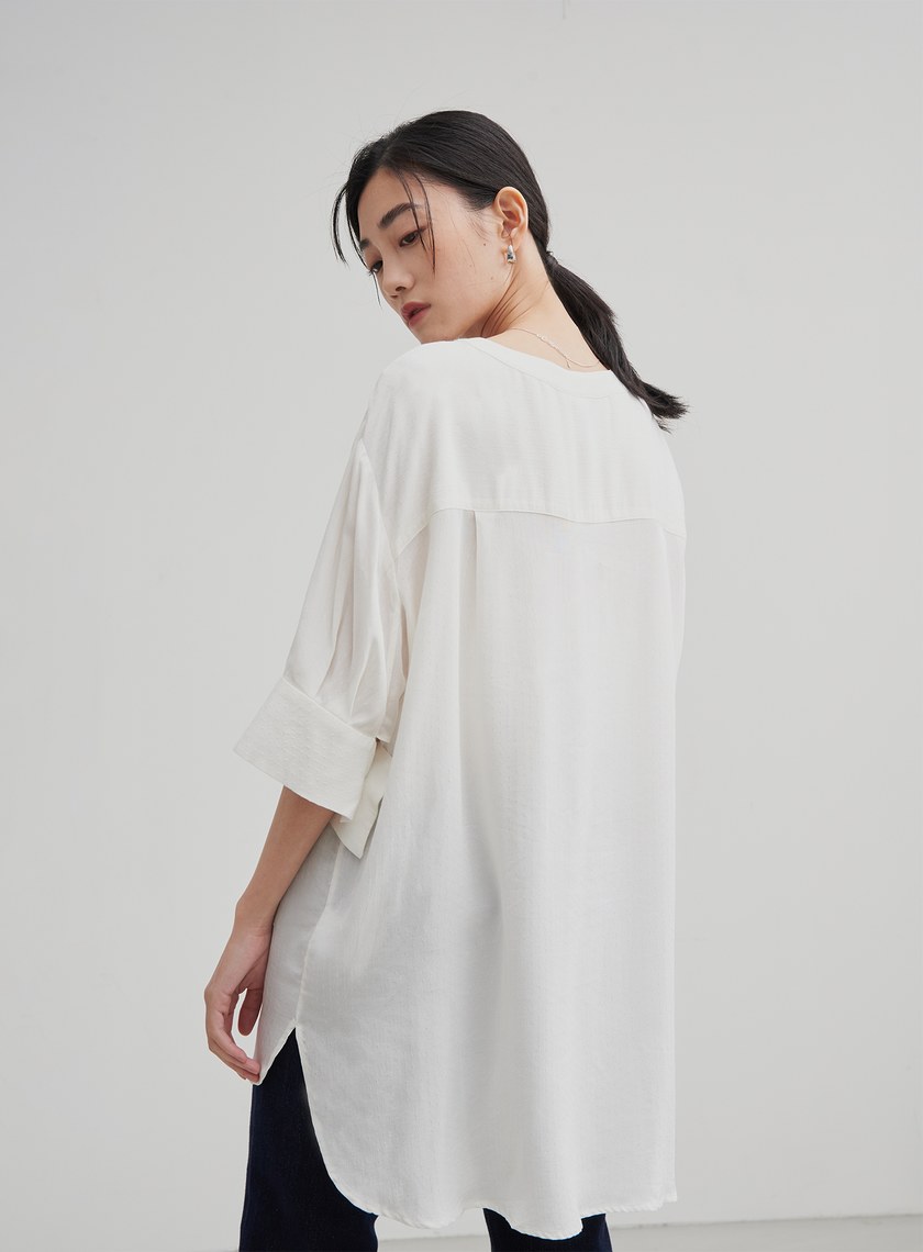 長版織紋寬袖口上衣