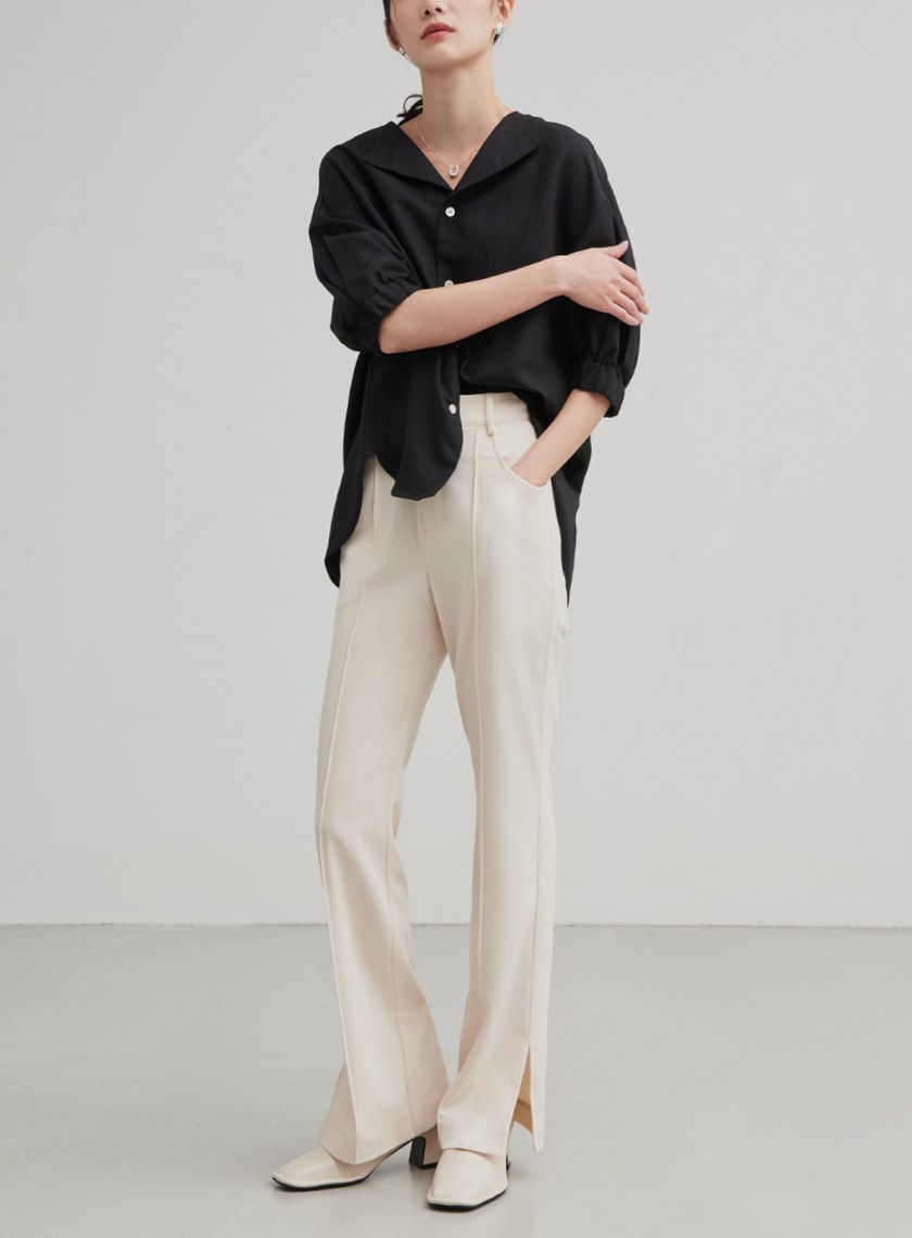 修身微喇叭開衩直筒褲